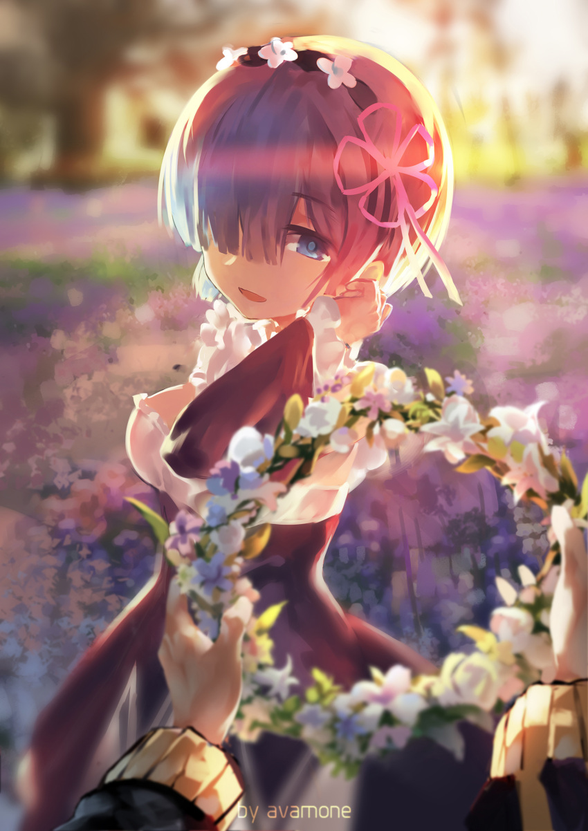 1girl artist_name avamone black_dress blue_eyes blue_hair breasts cleavage detached_sleeves dress evening field floral_background flower flower_field from_behind hair_ornament hairclip head_wreath highres looking_at_viewer maid maid_headdress md5_mismatch medium_breasts open_mouth out_of_frame pov pov_hands re:zero_kara_hajimeru_isekai_seikatsu rem_(re:zero) short_hair solo_focus sunlight x_hair_ornament
