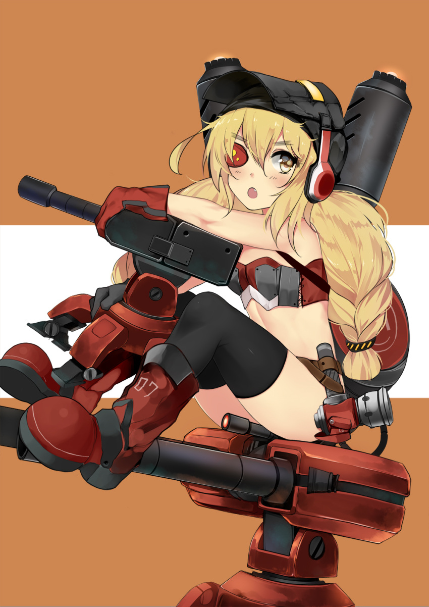 1girl bare_shoulders bba1985 belt black_legwear blonde_hair blush boots braid exhaust_pipe eyebrows eyebrows_visible_through_hair eyepatch fang flat_chest genderswap genderswap_(mtf) gloves hammer highres knee_boots low_twintails machinery mask_on_head no_underwear open_mouth overwatch red_boots red_gloves sitting solo strapless thigh-highs torbjorn_(overwatch) turret twin_braids twintails utility_belt welding_mask yellow_eyes younger