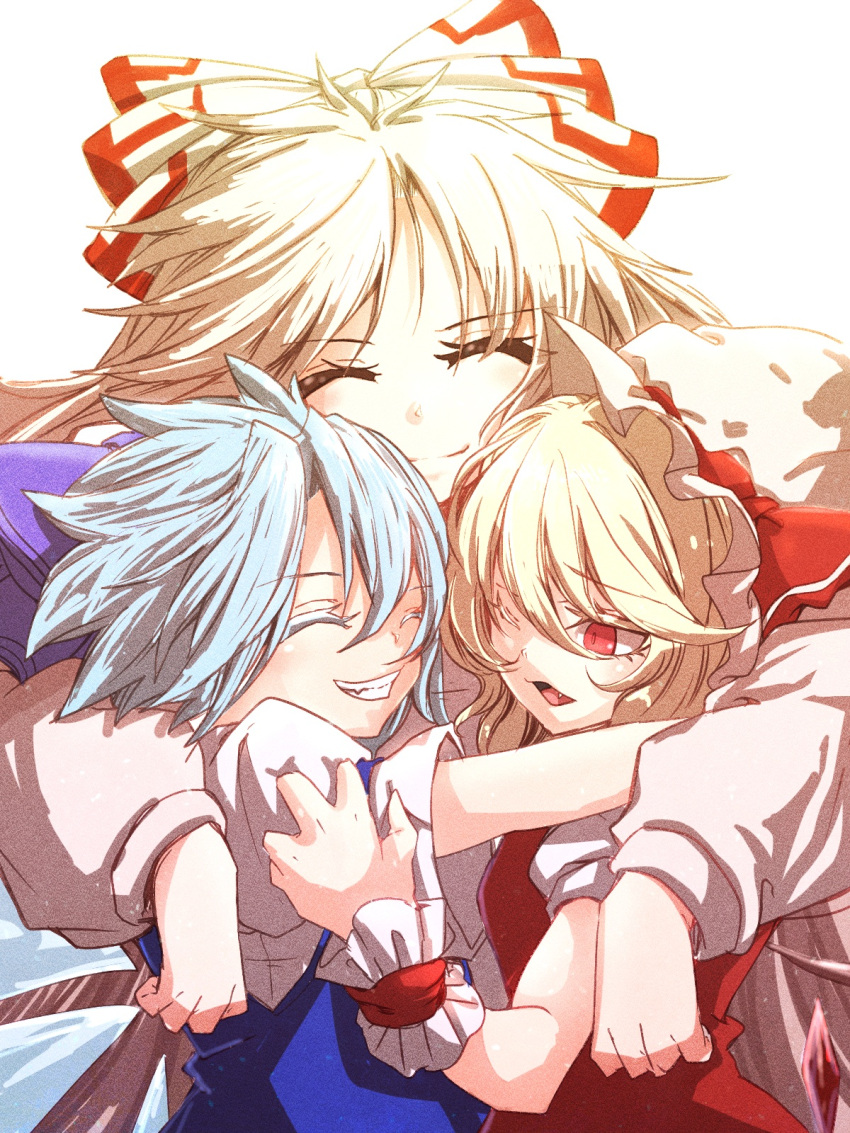 3girls ascot blonde_hair blue_hair blue_shirt cirno closed_eyes colored_eyelashes darjeeling_(reley) fairy fang flandre_scarlet fujiwara_no_mokou hair_ribbon height_difference highres hug ice ice_wings light_smile long_hair looking_at_another multiple_girls one_eye_closed open_mouth parted_lips puffy_short_sleeves puffy_sleeves red_eyes red_vest ribbon shirt short_hair short_ponytail short_sleeves touhou upper_body vampire white_hair white_shirt wings