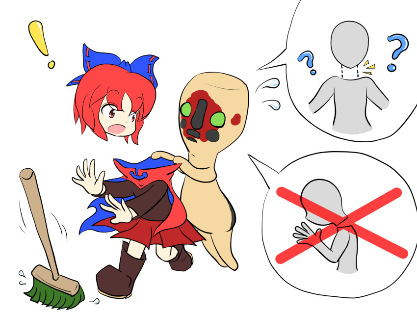 ! ? bow bowtie broom cape crossover disembodied_head flying_sweatdrops hair_bow highres red_cape red_eyes redhead refreshing_(artist) scp-173 scp_foundation sekibanki soukai surprised touhou