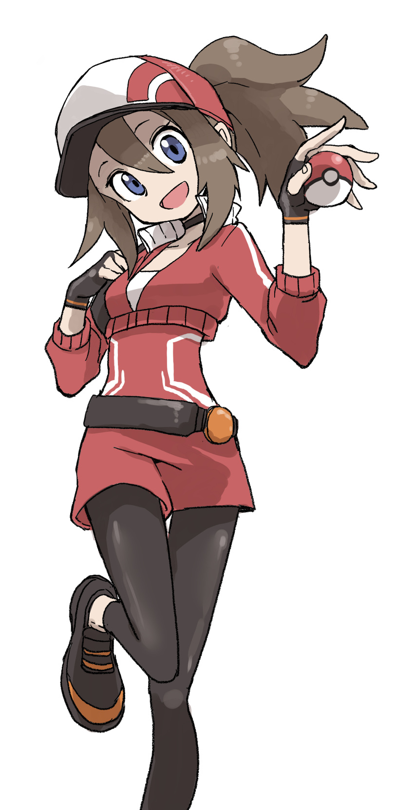 10s 1girl absurdres belt black_pants blue_eyes brown_hair collar commentary eyebrows female_protagonist_(pokemon_go) fingerless_gloves gloves hair hat highres knees_together_feet_apart open_mouth pants poke_ball pokemon pokemon_go ponytail red_shorts shorts smile solo standing standing_on_one_leg sweatshirt white_background yamamoto_souichirou