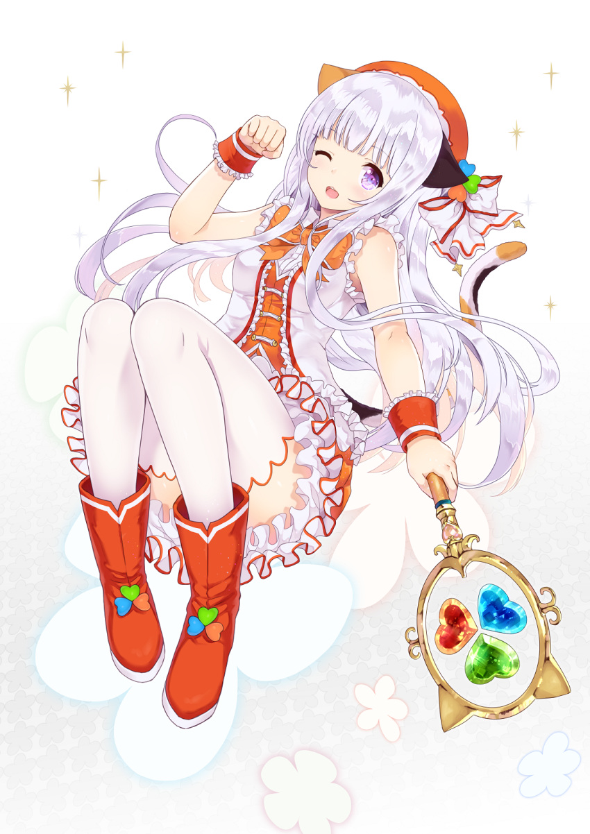 1girl ;d animal_ears blush boots cait cat_ears cat_tail hat highres ipass_(yi_ka_tong) long_hair magical_girl miniskirt one_eye_closed open_mouth orange_boots original paw_pose silver_hair skirt smile solo tail thigh-highs very_long_hair violet_eyes wand white_legwear wrist_cuffs xiao_pa