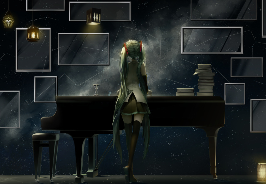 1girl absurdres book book_stack boots constellation detached_sleeves from_behind full_body grand_piano green_hair hatsune_miku highres hourglass instrument long_hair piano picture_frame saihate_(saihate_d3) skirt solo star_(sky) thigh-highs thigh_boots twintails very_long_hair vocaloid wall