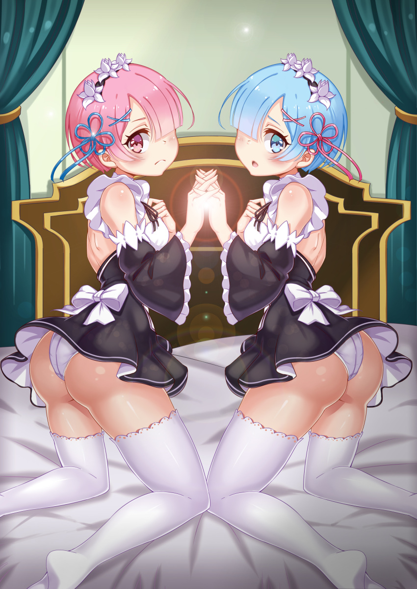 2girls absurdres apron ass back bed bed_sheet black_ribbon blue_eyes blue_hair blush bow breasts closed_mouth commentary_request curtains detached_sleeves dress frilled_dress frilled_sleeves frills from_behind hair_ornament hair_over_one_eye hand_holding hand_on_own_chest hands_together highres kneeling looking_at_viewer looking_back maid maid_headdress microdress multiple_girls no_shoes on_bed open_mouth panties pantyshot pantyshot_(sitting) pink_eyes pink_hair ram_(re:zero) re:zero_kara_hajimeru_isekai_seikatsu rem_(re:zero) ribbon short_hair siblings sisters sitting small_breasts thigh-highs twins underbust underwear white_legwear white_panties x_hair_ornament xiao_du
