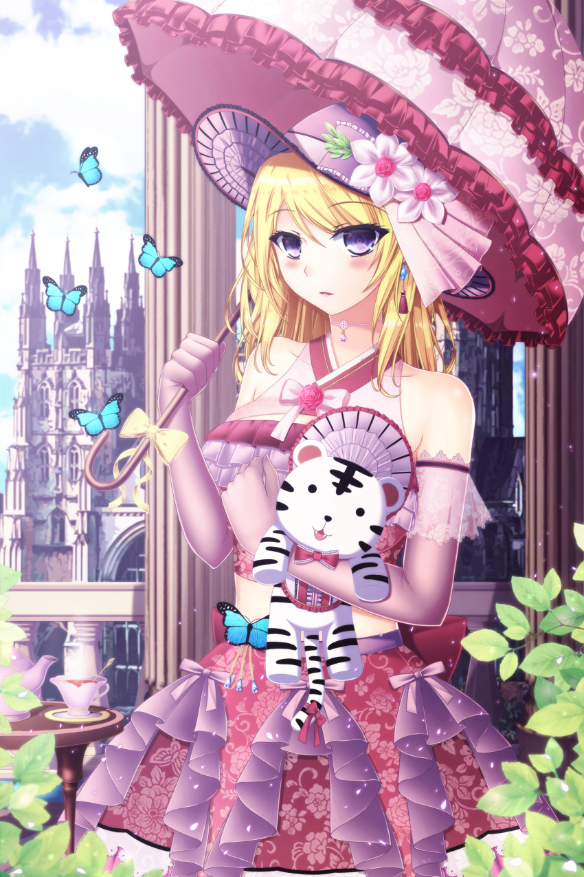 1girl absurdres bare_shoulders blonde_hair blue_sky blush bow breasts butterfly castle character_request clouds column cup dress elbow_gloves floral_print flower gloves hat hat_bow hat_flower highres holding_stuffed_animal looking_at_viewer p_mayuhime parasol pillar plant purple_gloves purple_hat railing sky solo standing stuffed_animal stuffed_toy sword_girls table teacup teapot umbrella violet_eyes