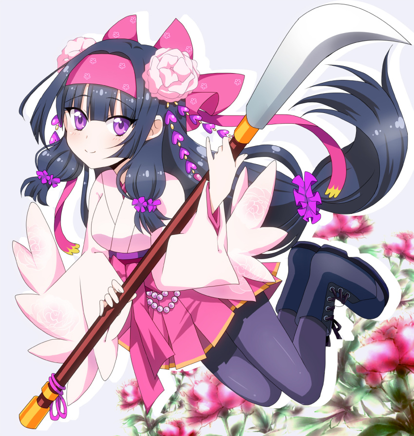 1girl black_boots black_hair black_legwear boots bow flower flower_knight_girl full_body hair_bow hair_flower hair_ornament hairband highres japanese_clothes kimono long_hair looking_at_viewer low-tied_long_hair masako_(sabotage-mode) pantyhose pink_bow pink_skirt pleated_skirt polearm shakuyaku_(flower_knight_girl) skirt smile solo spear tied_hair violet_eyes weapon