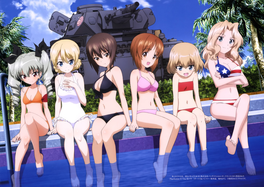 &gt;:d 6+girls :d absurdres american_flag_bikini anchovy anglerfish arm_support barefoot bikini blonde_hair blue_eyes breasts brown_eyes brown_hair casual_one-piece_swimsuit cleavage clouds criss-cross_halter crossed_arms darjeeling emblem fang feet flag_print frilled_swimsuit frills front-tie_top girls_und_panzer green_hair ground_vehicle halter_top halterneck hand_on_own_chest highres katyusha kay_(girls_und_panzer) large_breasts lineup long_hair medium_breasts military military_vehicle motor_vehicle multiple_girls navel nishizumi_maho nishizumi_miho official_art one-piece_swimsuit open_mouth palm_tree panzerkampfwagen_iv pool short_hair sky small_breasts smile soaking_feet soles swimsuit tank toes tree twintails white_swimsuit