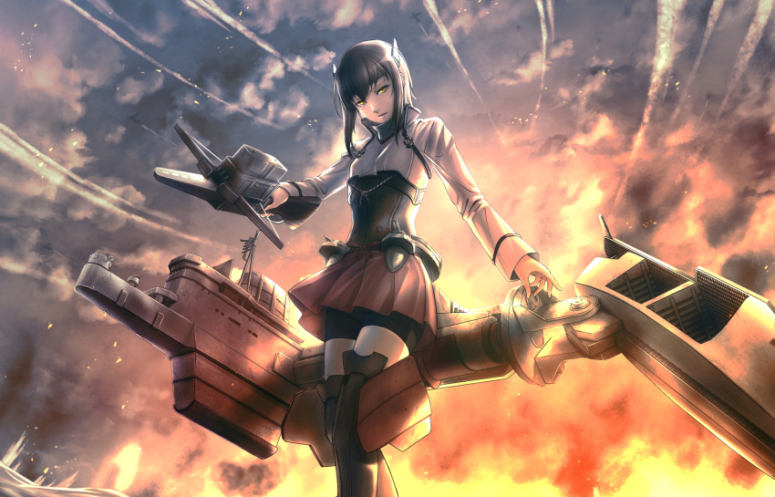 1girl black_boots black_hair boots clouds hair_ornament highres kantai_collection knee_boots looking_at_viewer outdoors so-on solo standing sunset taihou_(kantai_collection) yellow_eyes