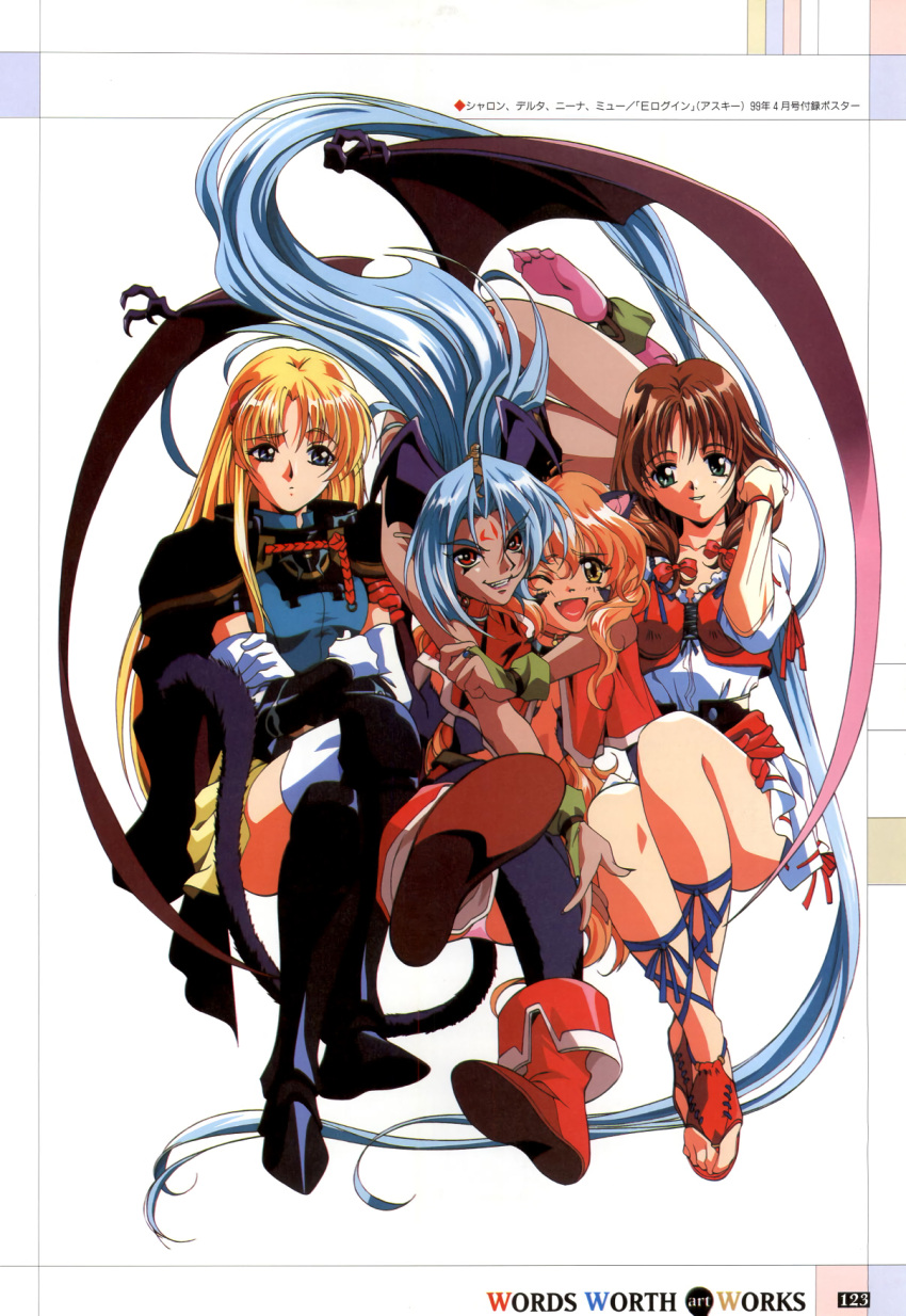 4girls ;d animal_ears ankle_boots arm_around_neck armor bangs bat_wings blonde_hair blue_eyes blue_hair blush boots bow bridal_gauntlets brown_hair cape capelet cat_ears cat_tail choker claws clenched_hand company_name copyright_name crescent crescent_hair_ornament cross-laced_clothes cross-laced_footwear crossed_arms delta_(words_worth) demon_girl dress elbow_gloves facial_mark fangs feet fingernails floating_hair forehead_mark full_body fur gloves greaves green_eyes grin hair_bow hair_ornament head_wings highres hug hug_from_behind legs_crossed long_fingernails long_hair looking_at_another looking_at_viewer mew_(words_worth) multiple_girls nina_(words_worth) official_art one_eye_closed open_mouth orange_hair panties pantyshot pantyshot_(sitting) parted_bangs pauldrons pointy_ears purple_panties purple_skin raised_eyebrows red_eyes ribbon rin-sin scan sharon short_dress simple_background sitting skirt smile succubus sword tail thigh-highs underwear vambraces very_long_hair wavy_hair weapon white_background white_dress white_gloves white_legwear wings words_worth yellow_eyes