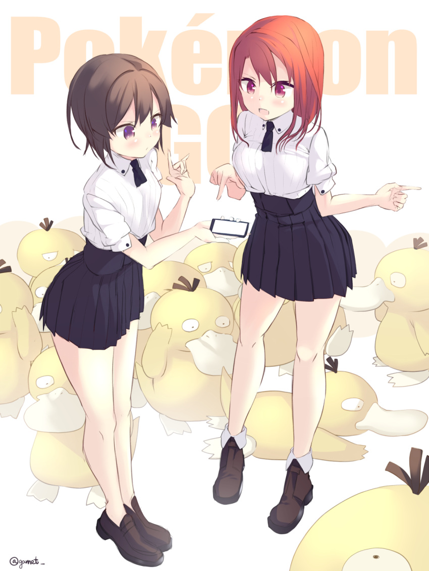 10s 2girls bare_legs brown_eyes brown_hair cellphone copyright_name dress_shirt garnet high-waist_skirt highres long_hair miniskirt multiple_girls original phone pleated_skirt pokemon pokemon_(creature) pokemon_go psyduck red_eyes redhead shirt short_hair skirt smartphone twitter_username