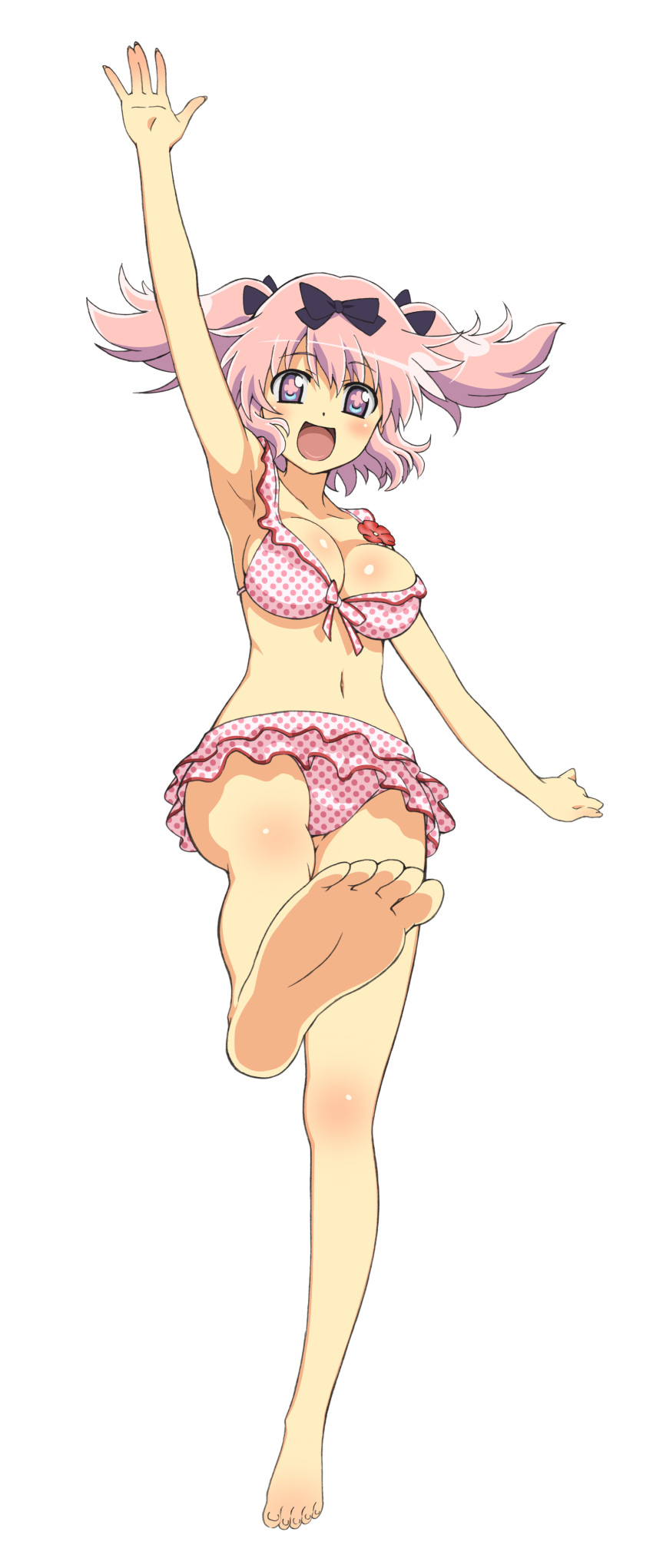 1girl bare_legs barefoot bikini blush bow breasts feet female hair_bow hibari_(senran_kagura) highres large_breasts looking_at_viewer open_mouth pink_hair scan senran_kagura senran_kagura_(series) short_hair smile soles solo swimsuit thighs toes twintails