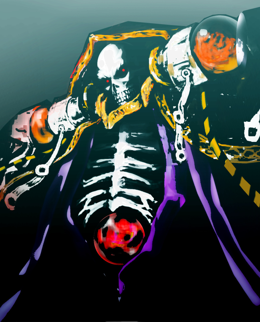 1boy ainz_ooal_gown bone collar hood kts overlord_(maruyama) red_eyes robe simple_background skeleton solo undead