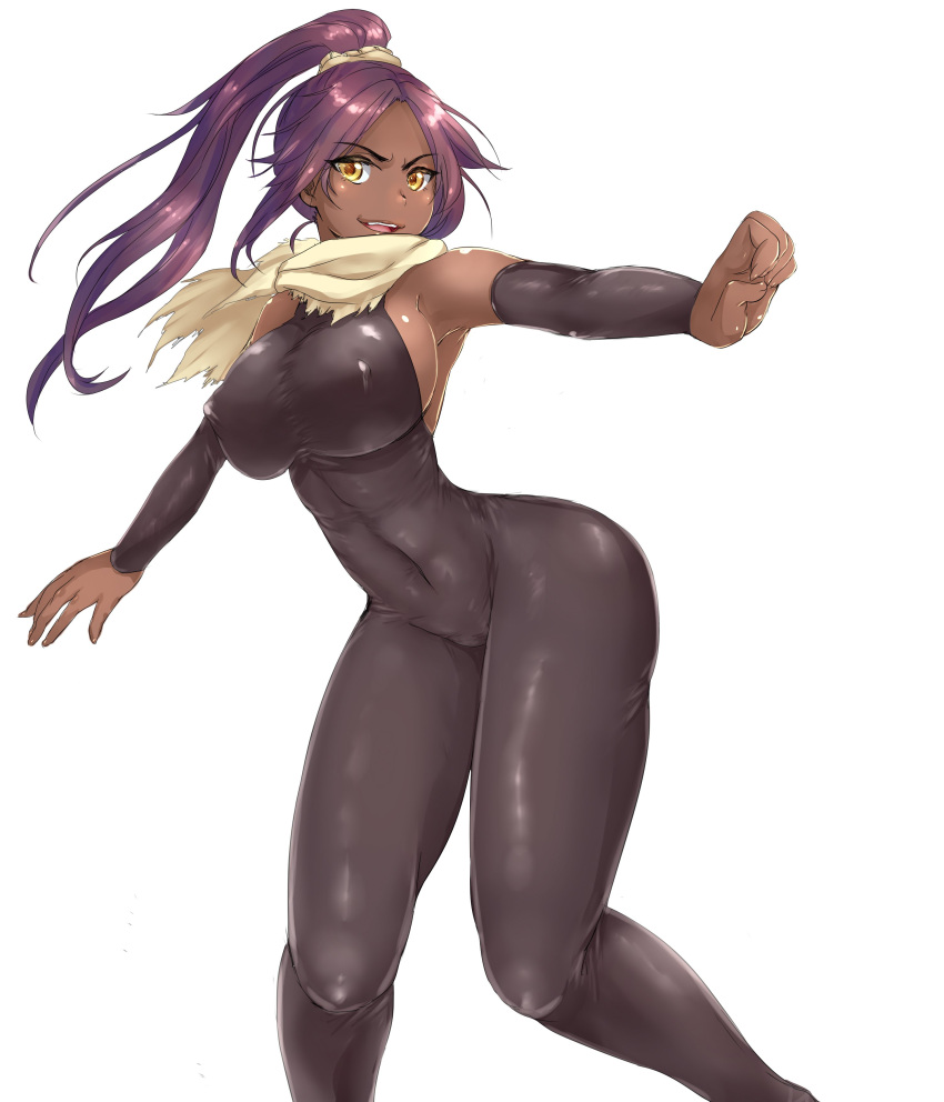1girl bare_shoulders bleach bodysuit breasts clenched_hand dark_skin detached_sleeves erect_nipples high_ponytail highres large_breasts long_legs looking_at_viewer midriff mogera81 open_mouth outstretched_arms pose purple_hair scarf shihouin_yoruichi shiny shiny_clothes skin_tight smile solo standing thick_thighs thighs tied_hair toned white_background wide_hips yellow_eyes