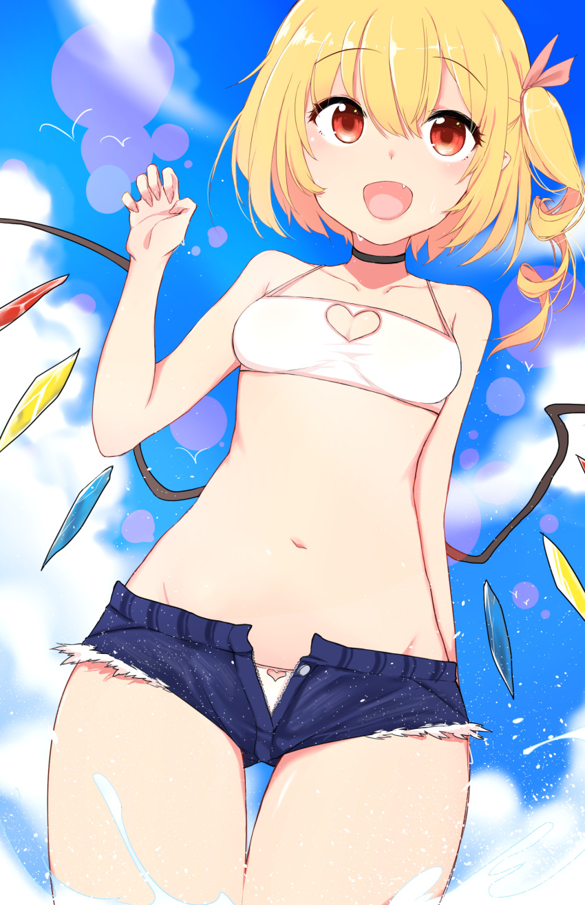 1girl :d absurdres alternate_costume bikini blonde_hair blush breasts choker cleavage cleavage_cutout collarbone crystal denim denim_shorts fang flandre_scarlet heart_cutout highres looking_at_viewer navel open_mouth red_eyes saple short_shorts shorts side_ponytail small_breasts smile solo swimsuit touhou unbuttoned unzipped water white_bikini wings