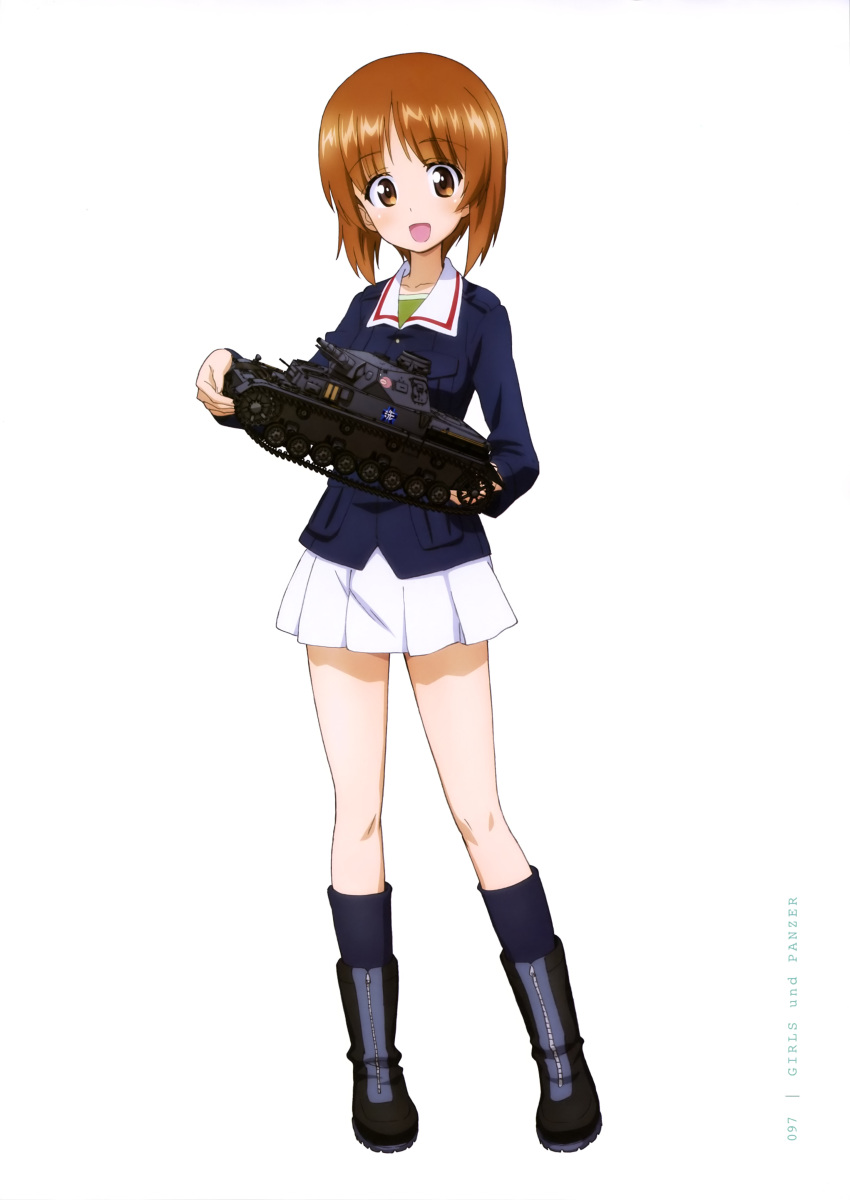 1girl :d absurdres boots brown_hair copyright_name full_body girls_und_panzer ground_vehicle highres looking_at_viewer military military_vehicle miniskirt motor_vehicle nishizumi_miho official_art open_mouth panzerkampfwagen_iv pleated_skirt short_hair simple_background skirt smile solo standing tank thighs white_background white_skirt