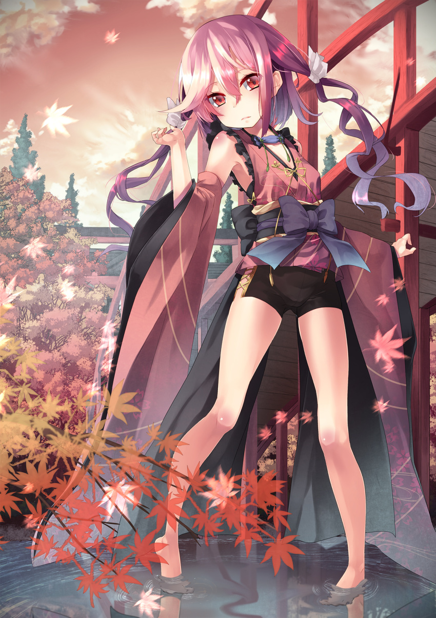 1girl architecture autumn autumn_leaves barefoot blush bow breasts bride clouds contrapposto detached_sleeves east_asian_architecture forest frilled_kimono frills full_body gluteal_fold hair_between_eyes hair_ribbon highres japanese_clothes kimono leaf lips long_hair looking_at_viewer maple_leaf nature obi original outdoors outstretched_arm pink_hair red_eyes reflection ribbon saraki sash short_hair_with_long_locks shorts sidelocks sky small_breasts solo standing sunset wading water white_ribbon wide_sleeves