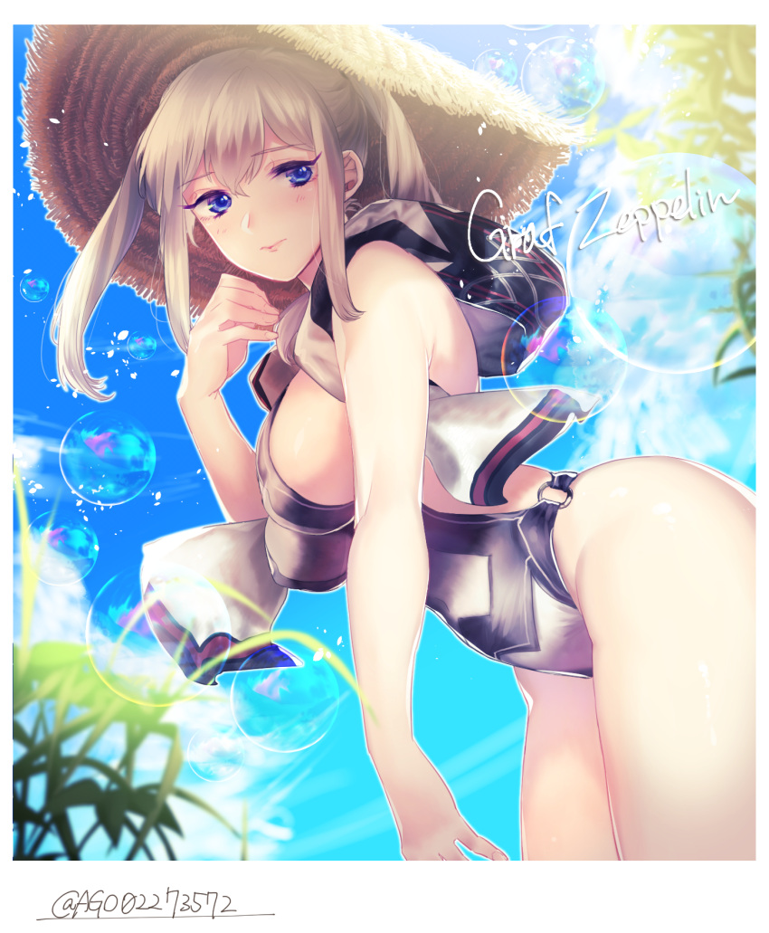 1girl aiiro_yozora blonde_hair blue_eyes breasts bubble casual_one-piece_swimsuit graf_zeppelin_(kantai_collection) hat highres kantai_collection leaning_forward long_hair one-piece_swimsuit shawl sideboob solo straw_hat swimsuit twintails