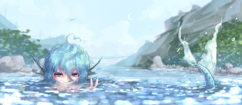 1girl ahoge blue_eyes blue_hair blue_sky blurry bridge day depth_of_field glint hair_between_eyes head_fins highres hoshibuchi looking_at_viewer mermaid monster_girl mountain outdoors peeking reflection river rock scales shore short_hair sky swimming touhou v wakasagihime water