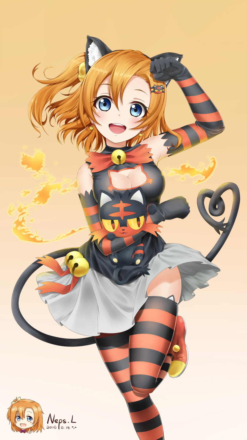 10s 1girl :d absurdres animal_ears artist_name bell black_gloves black_legwear blue_eyes breasts cat_cutout cat_ears cleavage cleavage_cutout dated earrings elbow_gloves fire gloves gradient gradient_background hair_ornament hairclip head_tilt heart_shape highres jewelry kousaka_honoka litten_(pokemon) looking_at_viewer love_live! love_live!_school_idol_project neps-l one_leg_raised open_mouth orange_gloves orange_hair orange_legwear paw_pose pokemon pokemon_(game) pokemon_sm side_ponytail skirt smile striped striped_gloves striped_legwear tail teeth thigh-highs