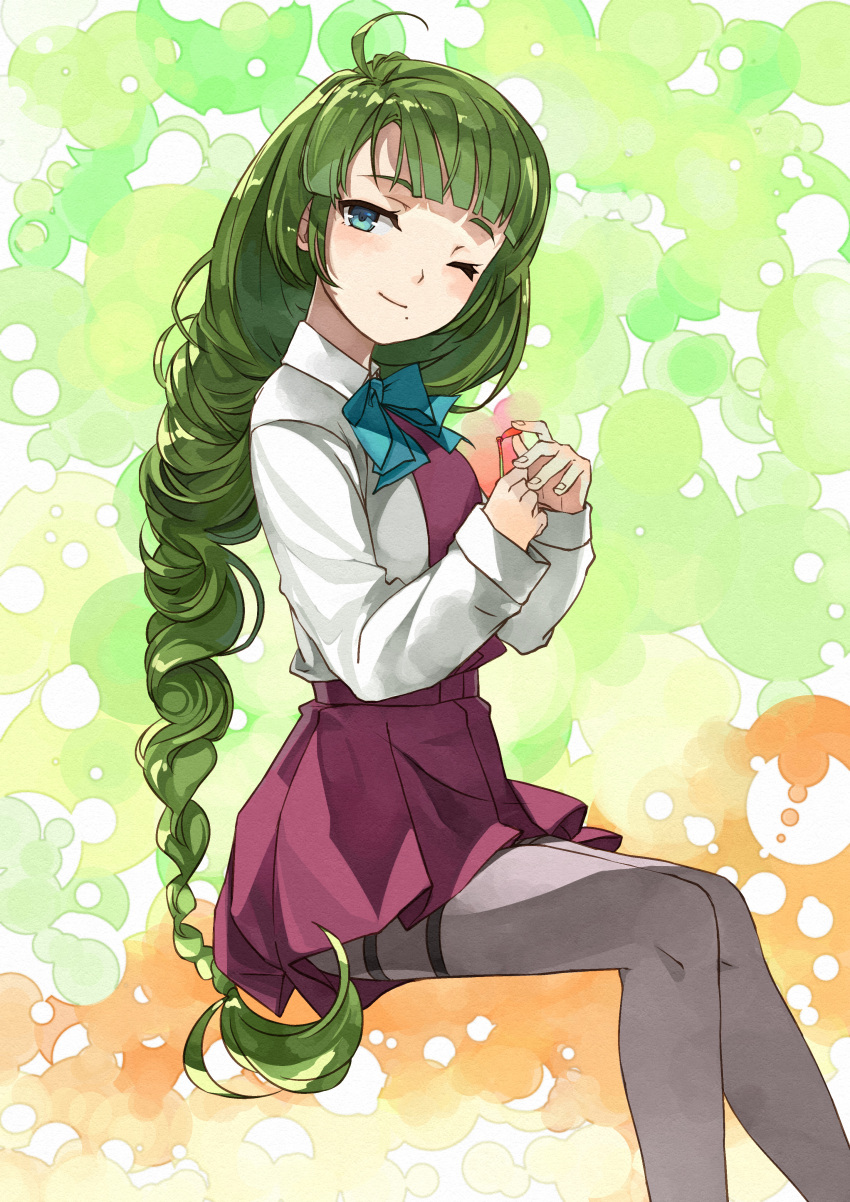 1girl absurdres ahoge bangs blue_bow blue_bowtie blue_eyes blush bow bowtie braid closed_mouth collared_shirt dress eyebrows from_side green_hair grey_legwear highres holding kanmiya_shinobu kantai_collection long_hair long_sleeves looking_at_viewer mole mole_under_mouth multicolored_background one_eye_closed pantyhose pink_dress shirt single_braid sitting smile solo very_long_hair white_shirt yuugumo_(kantai_collection)