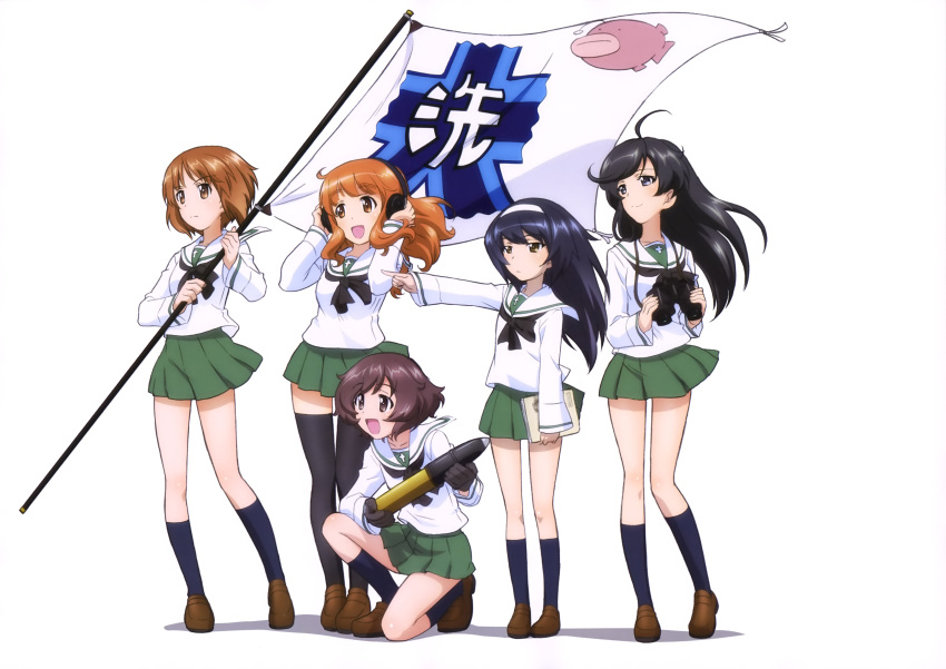 5girls absurdres ahoge akiyama_yukari anglerfish binoculars black_gloves black_hair book brown_hair flag girls_und_panzer gloves green_skirt hands_on_headphones headphones highres isuzu_hana kneeling long_hair multiple_girls nishizumi_miho official_art orange_hair reizei_mako school_uniform serafuku simple_background skirt socks standing takebe_saori tank_shell thigh-highs weapon white_background