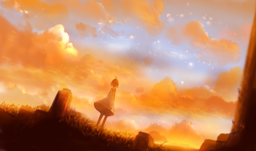 1girl clouds dress from_behind original outdoors sakimori_(hououbds) scenery solo standing sunset
