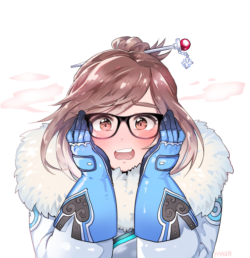 1girl artist_name bangs beads black-framed_eyewear blue_gloves blush coat embarrassed eyebrows eyebrows_visible_through_hair fur-lined_jacket fur_coat fur_trim glasses gloves hair_bun hair_ornament hair_stick hands_on_own_cheeks hands_on_own_face highres looking_at_viewer mei_(overwatch) open_mouth overwatch panza parka short_hair sidelocks snowflake_hair_ornament solo swept_bangs teeth upper_body winter_clothes winter_coat