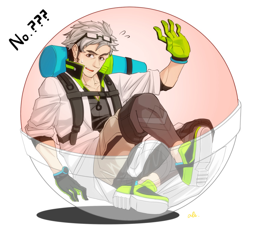 10s 1boy black_hair blush coat facial_hair glasses_on_head gloves grey_hair male_focus multicolored_hair open_mouth pokemon pokemon_(game) pokemon_go professor_willow two-tone_hair willow_(pokemon)