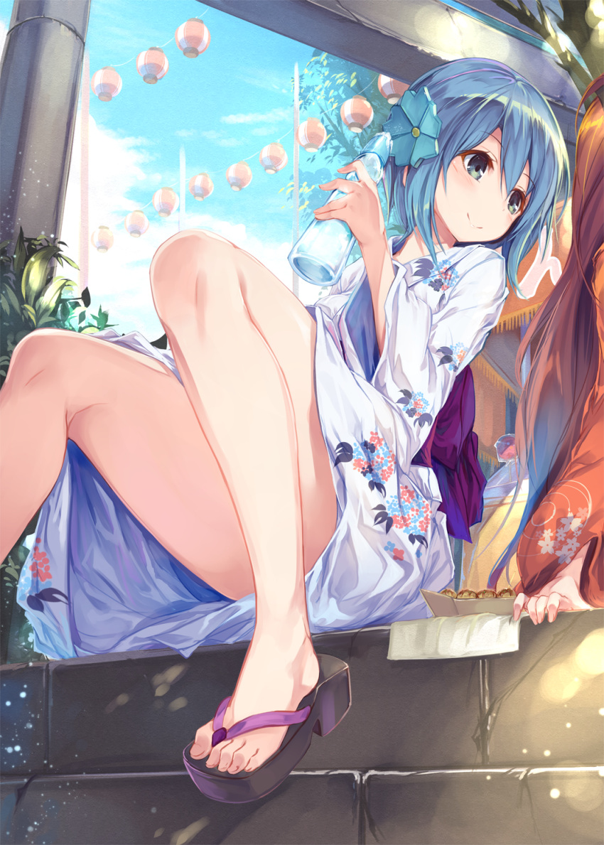 2girls alternate_costume bangs bare_legs blue_eyes blue_hair clog_sandals convenient_leg fal_maro feet food from_below hair_ornament highres holding_bottle japanese_clothes kimono knees_up lantern legs light_particles long_hair long_sleeves looking_at_another looking_to_the_side mahou_shoujo_madoka_magica miki_sayaka multiple_girls no_socks out_of_frame paper_lantern plant ramune sakura_kyouko sandals short_hair sitting sky smile solo_focus takoyaki thighs toes yukata