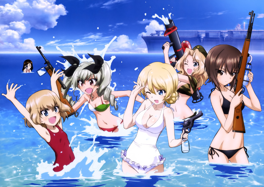 6+girls ;d absurdres anchovy bikini black_bikini blonde_hair breasts brown_hair camcorder casual_one-piece_swimsuit cleavage clouds darjeeling fang frilled_swimsuit frills girls_und_panzer highres katyusha kay_(girls_und_panzer) long_hair multiple_girls navel nishizumi_maho nonna ocean official_art one-piece_swimsuit one_eye_closed open_mouth partially_submerged red_swimsuit ship short_hair side-tie_bikini sky smile splashing swimsuit twintails water water_gun watercraft white_swimsuit