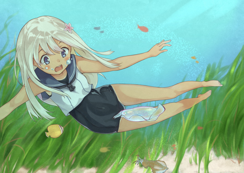 1girl air_bubble algae bare_legs barefoot blonde_hair blue_eyes breath bubble bushinofuji commentary_request covered_navel crop_top cuttlefish fish flower freediving hair_flower hair_ornament highres kantai_collection long_hair one-piece_tan open_mouth ro-500_(kantai_collection) sailor_collar school_swimsuit solo swimming swimsuit swimsuit_under_clothes tan tanline underwater water
