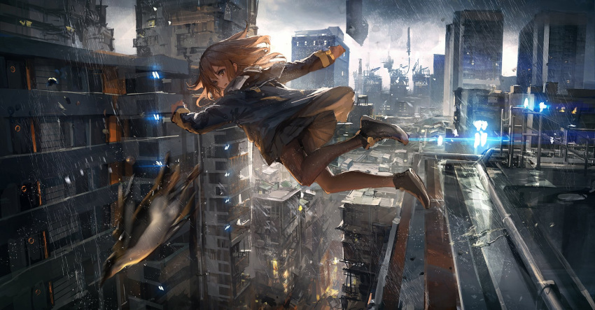 1girl :o animal backlighting balcony bangs bird black_jacket black_shoes black_skirt blurry brown_eyes brown_hair brown_legwear building character_request city cityscape depth_of_field destruction floating_hair full_body grey_sky highres jacket jpeg_artifacts jumping light_rays lm7_(op-center) long_sleeves looking_to_the_side miniskirt motion_blur open_mouth original outdoors outstretched_arms pantyhose parted_lips penguin pipes pleated_skirt rain rooftop shoes skirt skyscraper solo water window
