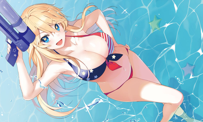 1girl :d absurdres american_flag_bikini arm_up bikini blonde_hair blue_eyes breasts cleavage dutch_angle flag_print front-tie_bikini front-tie_top hand_on_hip highres iowa_(kantai_collection) kantai_collection large_breasts long_hair nanotaro navel open_mouth smile solo star star-shaped_pupils starfish swimsuit symbol-shaped_pupils water water_gun