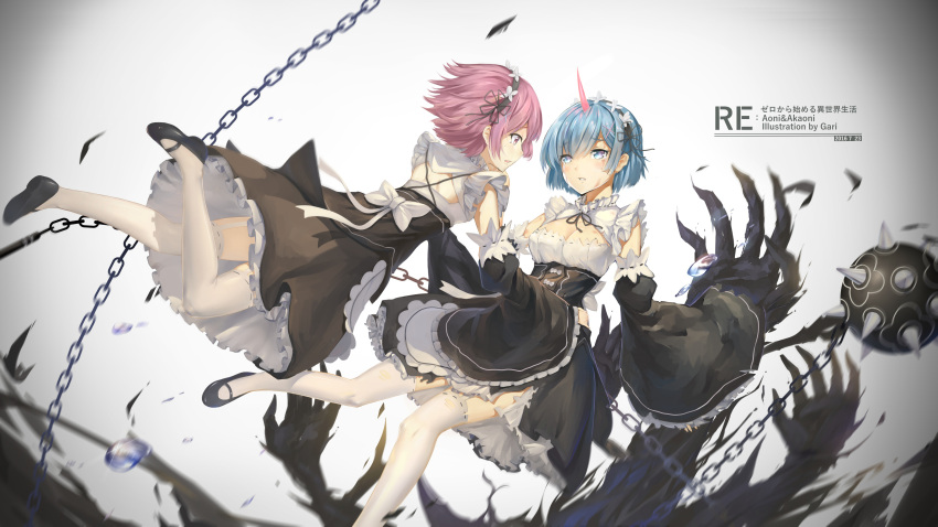 2016 2girls absurdres black_dress black_hair black_ribbon blue_eyes blue_hair breasts chains cleavage crying crying_with_eyes_open dated detached_sleeves dress eye_contact hair_ornament hair_ribbon highres horn huali lace lace-trimmed_sleeves lace-trimmed_thighhighs looking_at_another maid medium_breasts multiple_girls pink_eyes pink_hair ram_(re:zero) re:zero_kara_hajimeru_isekai_seikatsu rem_(re:zero) ribbon short_hair siblings sisters tears thigh-highs twins weapon white_legwear x_hair_ornament
