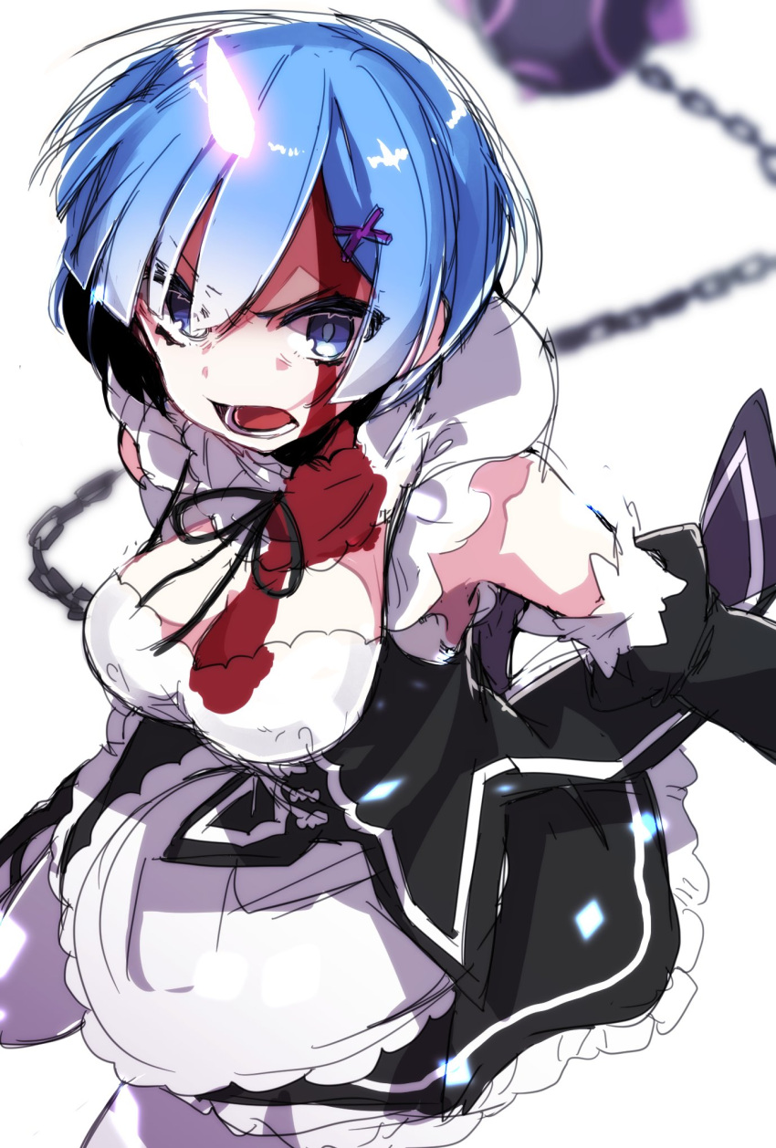 1girl ball_and_chain blood blood_on_face bloody_clothes blue_eyes blue_hair blurry breasts chains depth_of_field detached_sleeves dress flail frills gloves hair_ornament highres horn looking_at_viewer maid medium_breasts oni_horns open_mouth re:zero_kara_hajimeru_isekai_seikatsu rem_(re:zero) short_hair solo sparkle takeshima_(nia) teeth weapon white_legwear x_hair_ornament