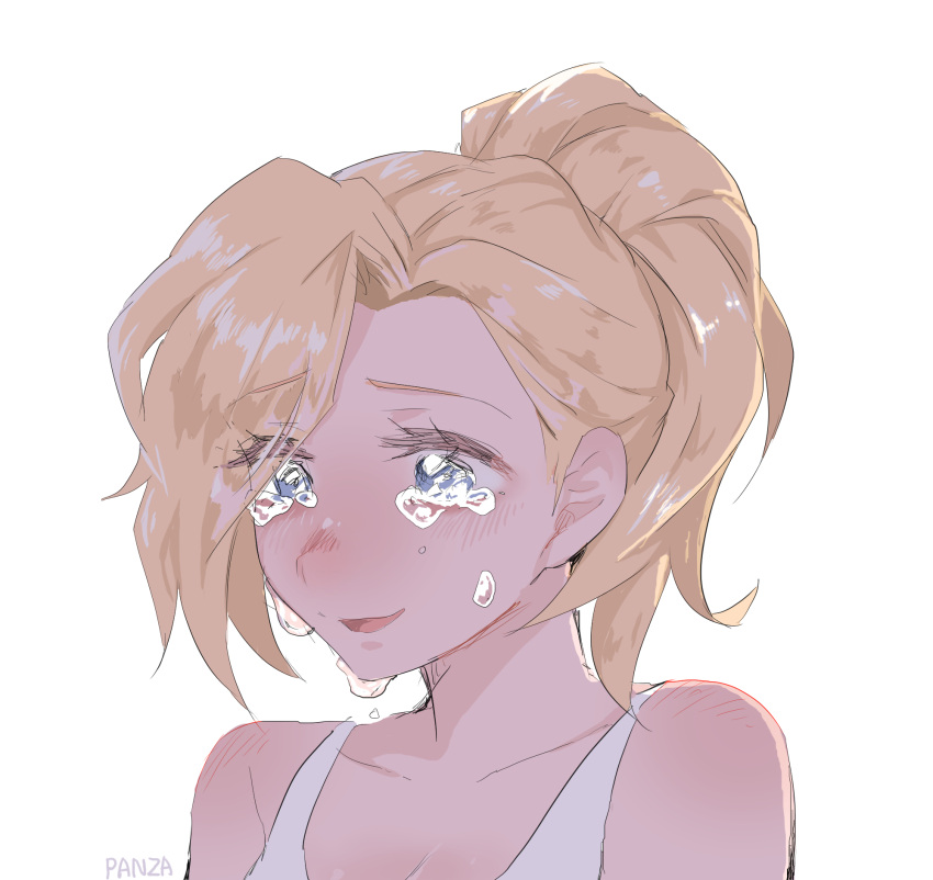1girl artist_name bare_shoulders blonde_hair blue_eyes blush collarbone crying crying_with_eyes_open highres mercy_(overwatch) open_mouth overwatch panza ponytail sad shirt short_hair simple_background sleeveless sleeveless_shirt solo teardrop tearing_up tears upper_body white_background white_shirt