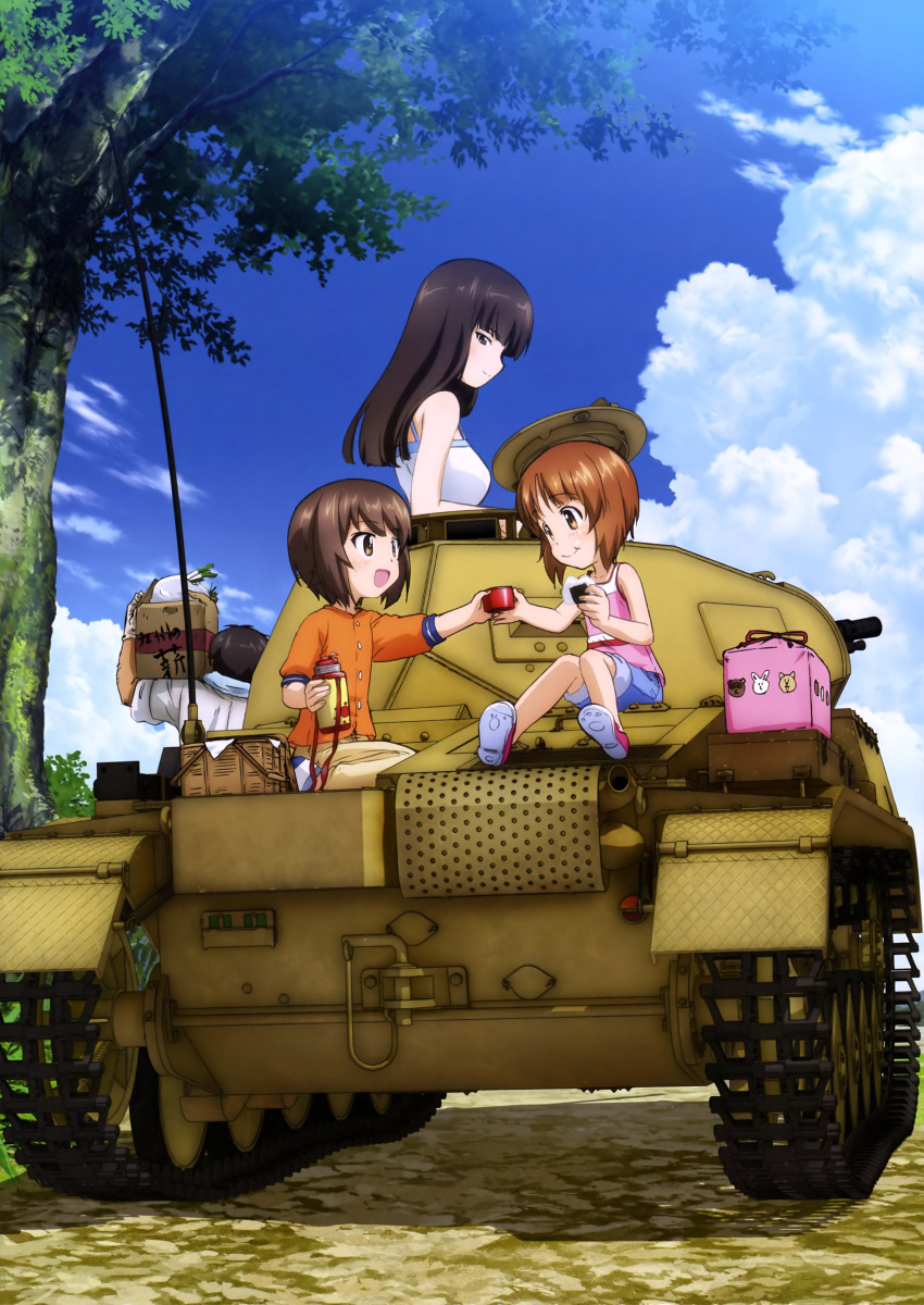1boy 3girls :t absurdres arm_support basket black_eyes black_hair box brown_eyes brown_hair cardboard_box carrying carrying_over_shoulder casual caterpillar_tracks clouds cup eating eye_contact family food from_behind girls_und_panzer ground_vehicle happy hatch highres long_hair looking_at_another looking_back military military_vehicle mother_and_daughter motor_vehicle multiple_girls nishizumi_maho nishizumi_miho nishizumi_shiho nishizumi_tsuneo obentou official_art onigiri open_mouth pants pants_rolled_up panzerkampfwagen_ii picnic picnic_basket profile reaching_out riding road scan seiza short_hair siblings sisters sitting sky sleeveless sleeves_rolled_up smile spring_onion tank tank_top thermos translation_request tree vehicle wrapped_obentou younger