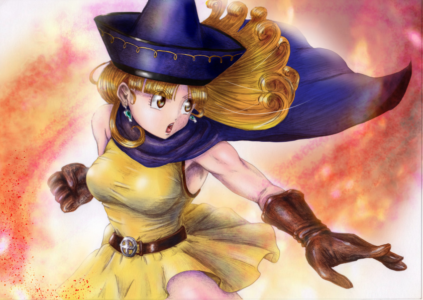 1girl alena_(dq4) breasts brown_eyes cape clenched_hand curly_hair dragon_quest dragon_quest_iv dress earrings fighting_stance gloves hat highres jewelry large_breasts long_hair open_mouth orange_hair short_dress solo tayutoi