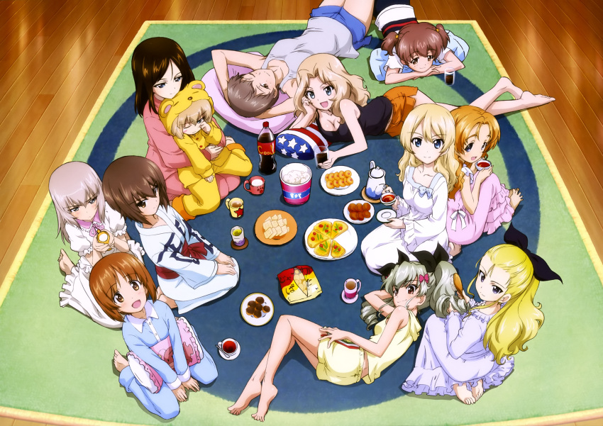 6+girls absurdres alisa_(girls_und_panzer) alternate_hairstyle anchovy assam barefoot blonde_hair brown_hair cookie cup darjeeling drinking_glass feet flag_print food girls_und_panzer green_hair hair_brushing hair_down highres itsumi_erika katyusha kay_(girls_und_panzer) long_hair multiple_girls naomi_(girls_und_panzer) nightgown nishizumi_maho nishizumi_miho nonna official_art orange_pekoe pajamas pizza popcorn short_hair shorts silver_hair sleepover sleeveless sleeveless_hoodie soles tank_top teacup tears toes twintails