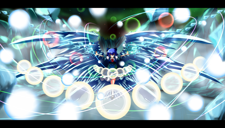 &gt;:( 1girl akeyoru aurora black_shoes blue_bow blue_dress blue_eyes blue_hair bow bowtie cirno danmaku dress full_body hair_bow highres ice ice_wings letterboxed looking_at_viewer mary_janes outstretched_arms puffy_short_sleeves puffy_sleeves red_bow red_bowtie shoes short_hair short_sleeves solo touhou wings