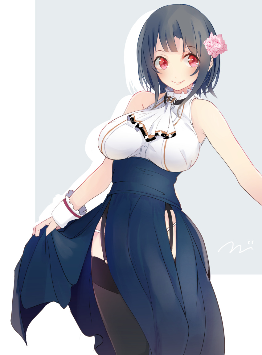 1girl alternate_costume bare_shoulders black_hair black_legwear breasts eyebrows eyebrows_visible_through_hair flower garter_straps gradient gradient_background hair_flower hair_ornament high-waist_skirt highres kantai_collection large_breasts light_smile looking_at_viewer pelvic_curtain red_eyes short_hair side_slit simple_background skirt_hold sleeveless smile solo takao_(kantai_collection) tebi_(tbd11) underbust wrist_cuffs