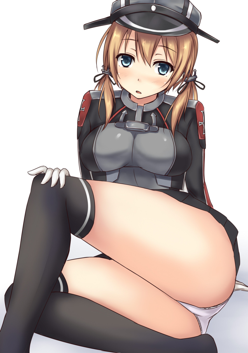 1girl anchor_hair_ornament ass black_legwear blonde_hair blue_eyes breasts hair_ornament hat highres iron_cross kantai_collection large_breasts low_twintails md5_mismatch microskirt military military_uniform panties peaked_cap prinz_eugen_(kantai_collection) skirt solo terakoya twintails underwear uniform upskirt white_panties