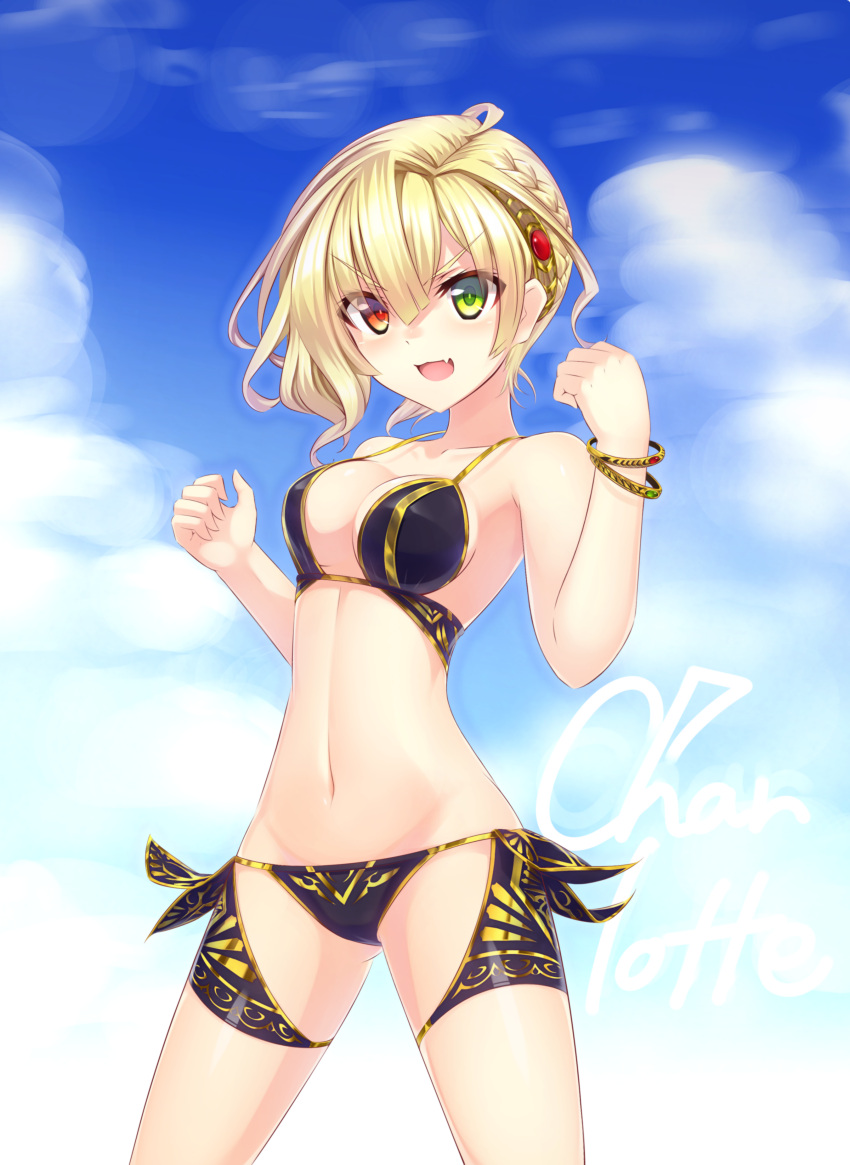 &gt;:d 1girl :d absurdres ahoge artist_request bare_arms bare_shoulders bikini black_bikini blonde_hair blue_sky bracelet braid breasts character_name charlotte_(shironeko_project) clenched_hand clouds collarbone cowboy_shot emerald gem green_eyes hair_intakes heterochromia highres jewelry legs_apart looking_at_viewer medium_breasts murasame_shia navel open_mouth red_eyes ruby_(stone) shironeko_project side_braid sky smile solo stomach strap_gap swimsuit tail_ein thigh_strap tsurime
