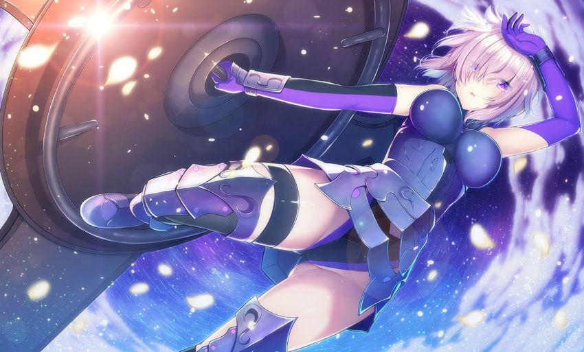 1girl arm_up armor armored_dress bare_shoulders benitsuki_tsubasa black_legwear black_panties blush boots breasts elbow_gloves fate/grand_order fate_(series) glint gloves gluteal_fold hair_over_one_eye lavender_hair looking_at_viewer medium_breasts panties parted_lips petals purple_gloves shield shielder_(fate/grand_order) short_hair solo thigh-highs thigh_boots underwear violet_eyes