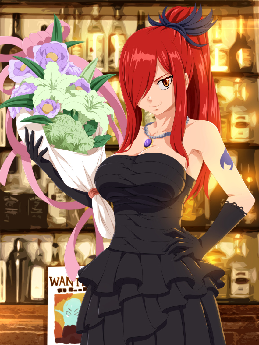 1girl absurdres arm_tattoo bare_shoulders black_dress black_gloves bouquet breasts brown_eyes cleavage dress erza_scarlet fairy_tail flower frilled_dress frills gloves hair_over_one_eye hair_ribbon hand_on_hip highres jewelry large_breasts long_hair looking_at_viewer necklace planeptune ponytail redhead ribbon solo strapless strapless_dress tattoo