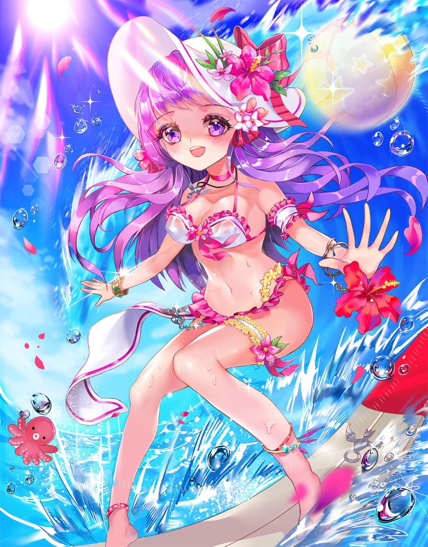 1girl :d armband ball bare_shoulders beachball bikini blue_sky bow bracelet breasts character_request cleavage flower glint hair_flower hair_ornament hat hat_bow hat_flower hibiscus highres jewelry legband long_hair looking_at_viewer midriff navel necklace octopus open_mouth petals pink_bow purple_hair sky smile sun sun_hat sunlight surfboard surfing swimsuit sword_girls tbag violet_eyes water water_drop wristband