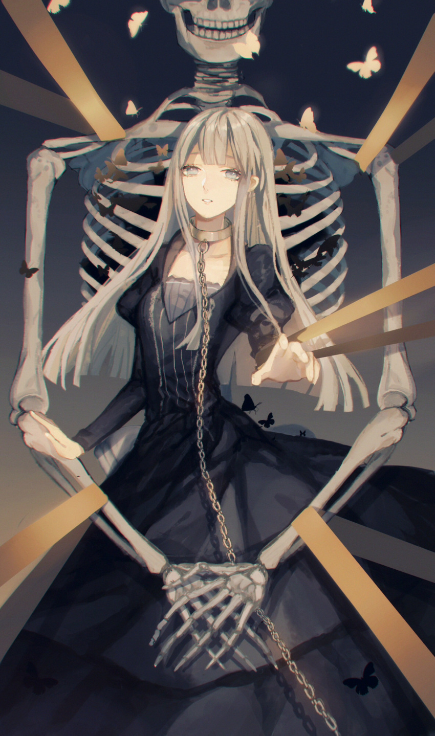 1girl bangs black_dress butterfly chained chains collar collarbone dress grey_eyes grey_hair highres long_hair original ribbon skeleton solo wortide