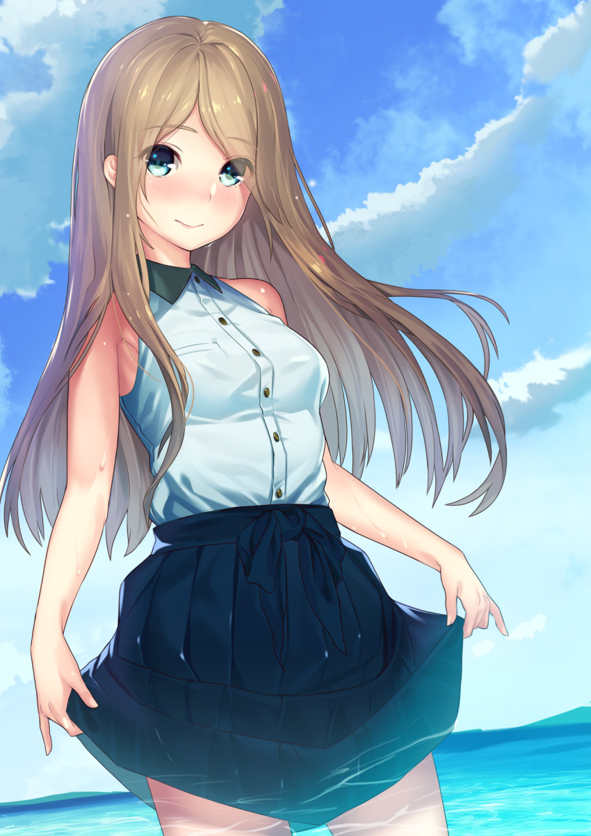 1girl armpits bare_arms bare_shoulders blue_eyes blue_skirt blue_sky breasts brown_hair buttons closed_mouth clouds collared_shirt cowboy_shot day dutch_angle eyebrows eyebrows_visible_through_hair highres kagematsuri long_hair looking_at_viewer medium_breasts ocean original outdoors pleated_skirt shirt skirt skirt_hold sky sleeveless sleeveless_shirt smile solo thighs water water_drop wing_collar