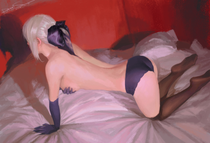 1girl all_fours ass bed black_gloves black_legwear bow covering covering_breasts cushion dannis dimples_of_venus elbow_gloves fate/stay_night fate_(series) from_above gloves hair_bow panties realistic saber saber_alter shadow solo thigh-highs underwear white_hair