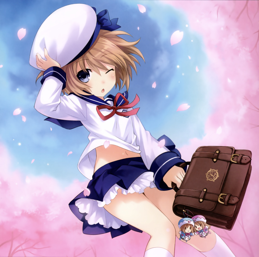 1girl absurdres blanc blue_eyes brown_hair character_doll cherry_blossoms choujigen_game_neptune hat highres looking_at_viewer navel neptune_(series) one_eye_closed open_mouth ram_(choujigen_game_neptune) rom_(choujigen_game_neptune) school_uniform short_hair solo tsunako
